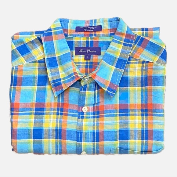 Alan Flusser Linen Blend Colorful Plaid Short Sleeve Camp Shirt Men's XL - Picture 3 of 7